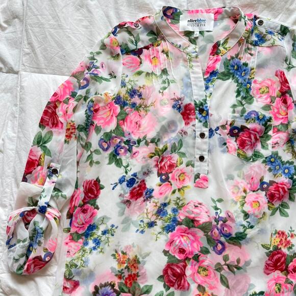 Alice Blue Stitch Fix Sheer vivid chiffon floral blouse boho chic cottagecorew - Picture 1 of 8